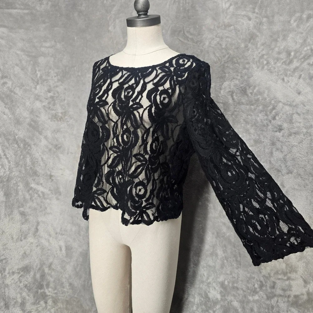INC Sheer Lace Top Women XL Black Floral Bell Sleeve Goth Fairy Grunge Y2K Layer